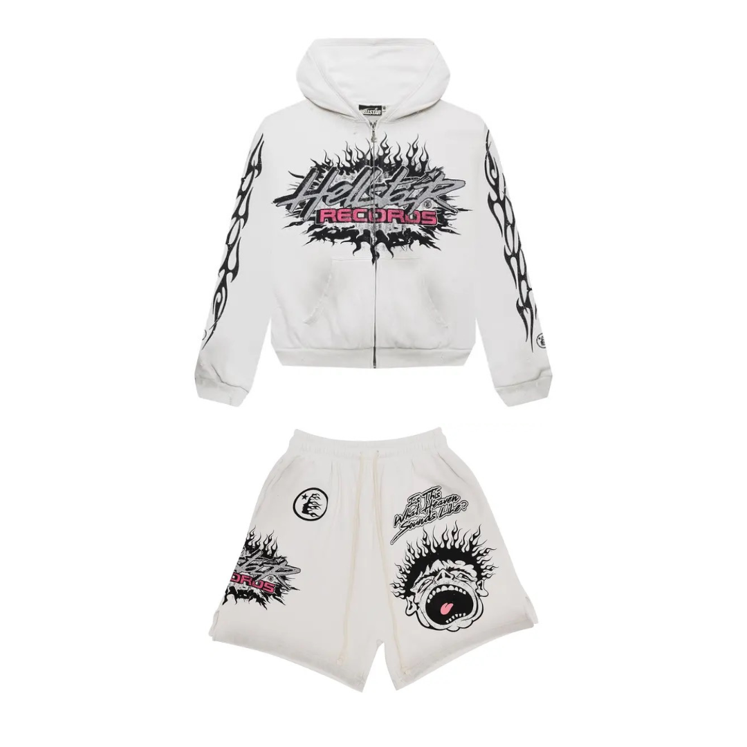 Hellstar Records Glitter Zip Up Hoodie & Shorts 'White'