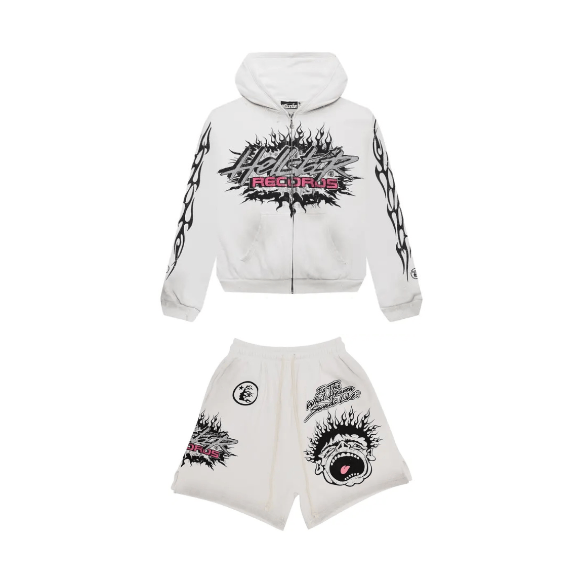 Hellstar Records Glitter Zip Up Hoodie & Shorts 'White' - Outfit Set - Hellstar