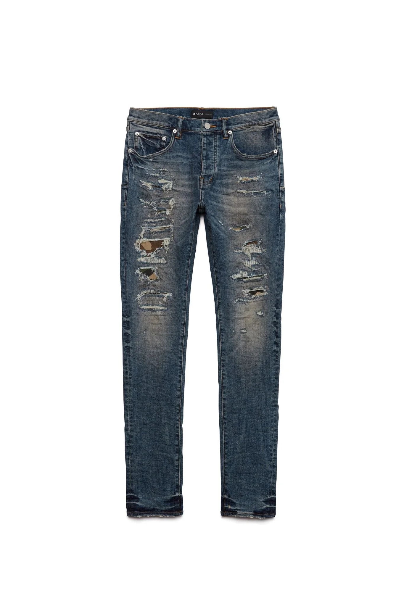 Purple Brand P001 Camo-Patch Distressed Slim-Leg Jeans In Blue