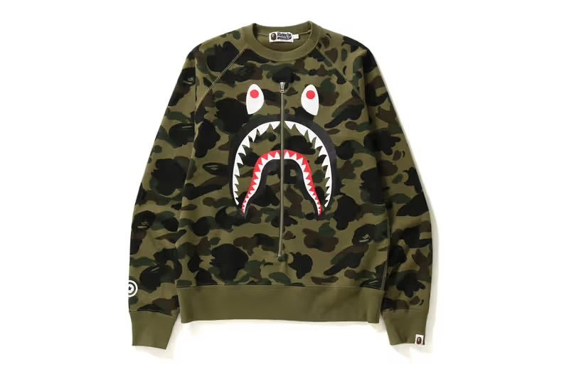 BAPE 1st Camo Printed Zip Shark Crewneck Green - BAPE