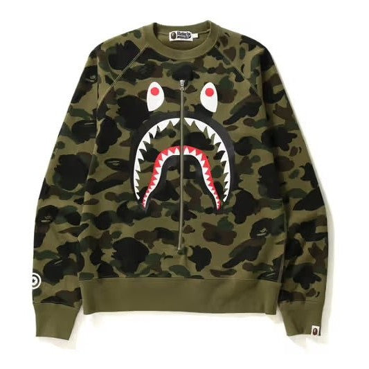 BAPE 1st Camo Printed Zip Shark Crewneck Green - BAPE
