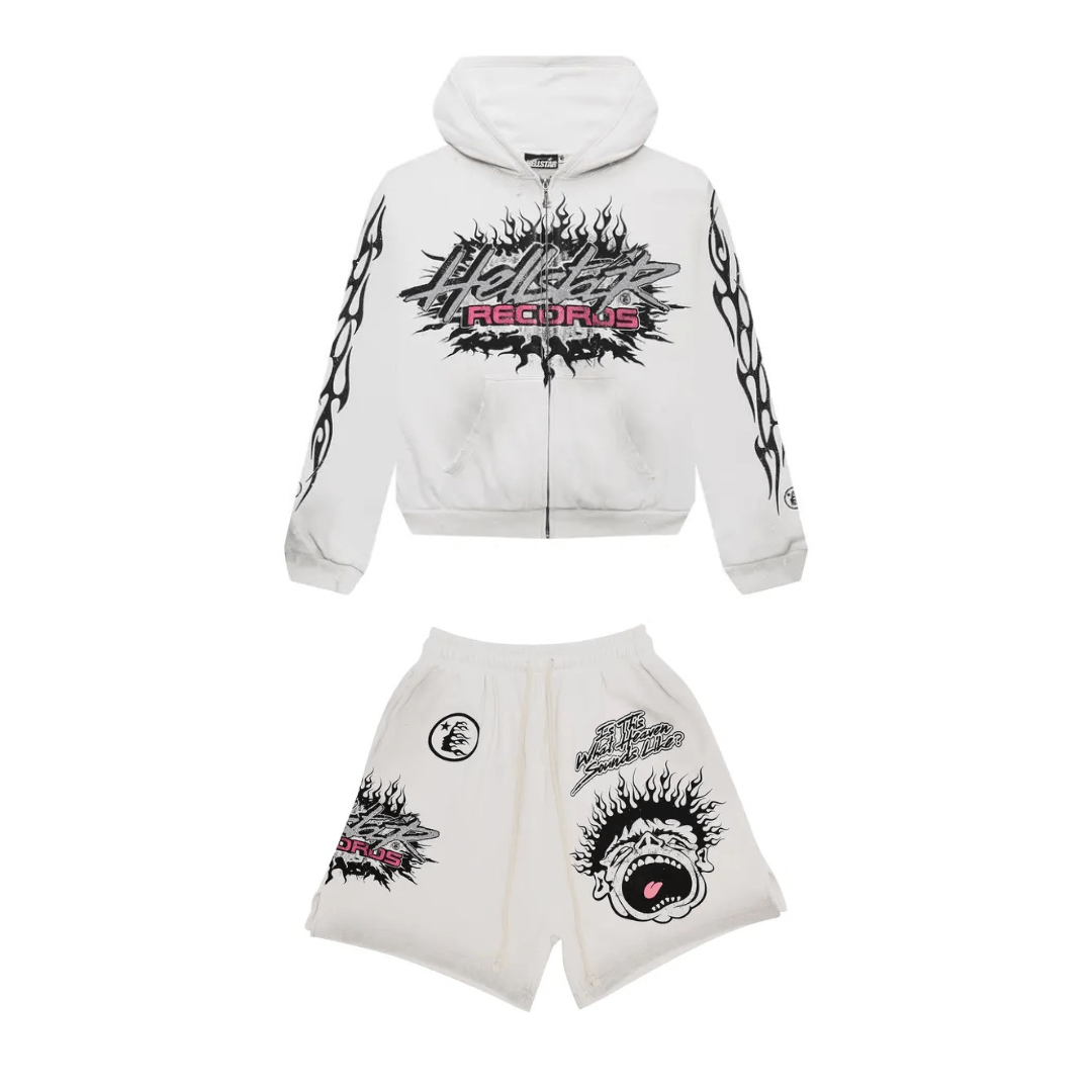 Hellstar Records Glitter Zip Up Hoodie & Shorts 'White' - Outfit Set - Hellstar